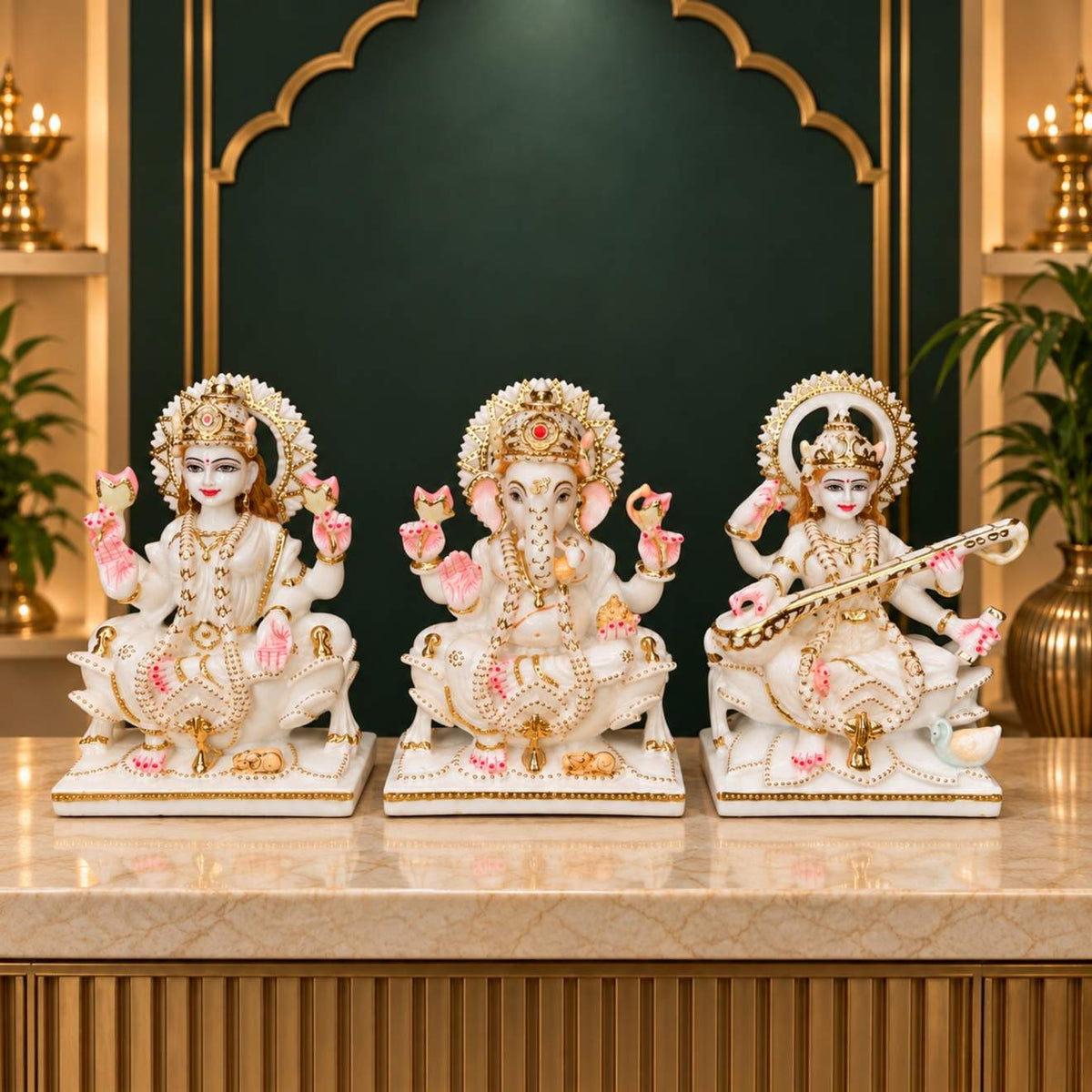 Lakshmi Ganesha Saraswati marble trio statue set of 3, 9 inch, front view
