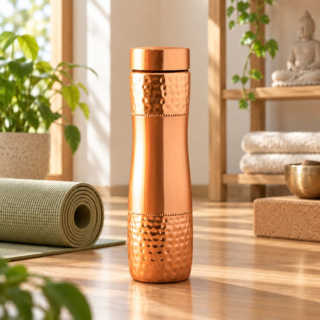 Pure copper hammered water bottle 1000ml standing on a gym floor with dumbbells, kettlebell and a rolled towel
