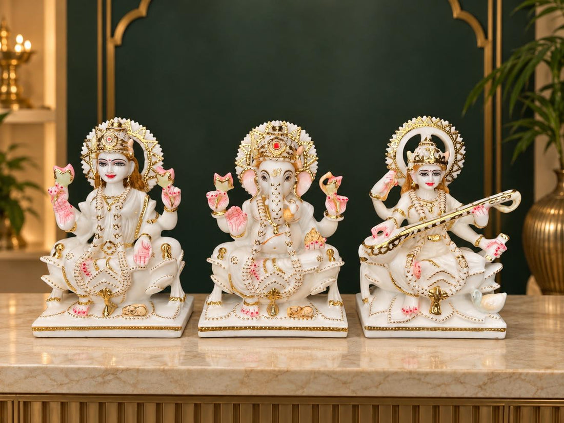 Lakshmi Ganesha Saraswati marble trio statue set of 3, 9 inch, front view