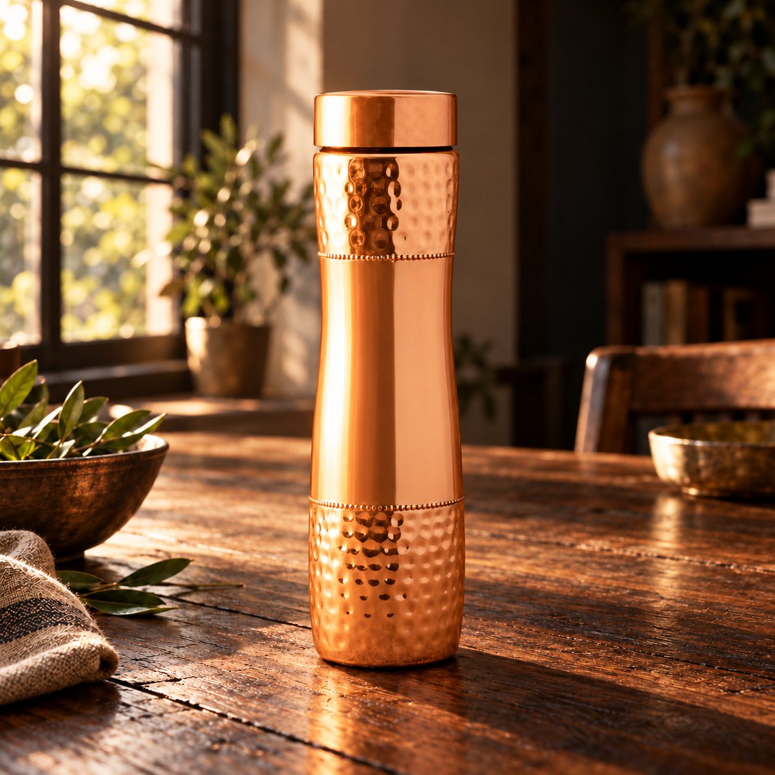Handcrafted copper water bottle on a rustic dark wooden table in warm window light