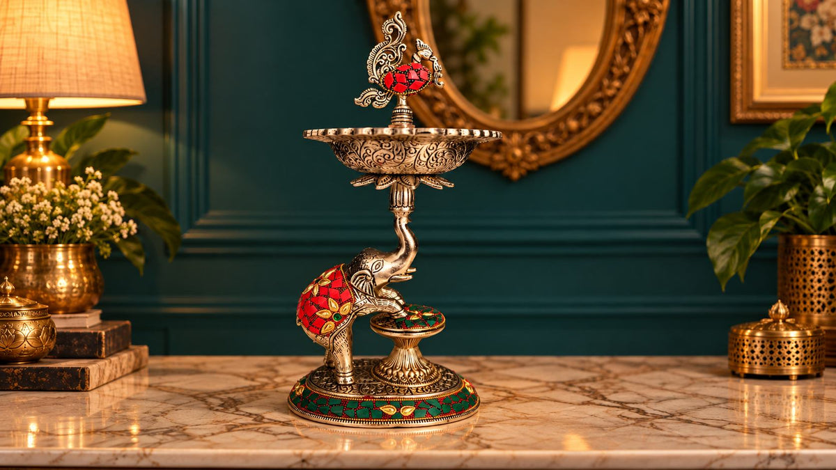 Single German silver elephant samai lamp with red stonework peacock finial, full view