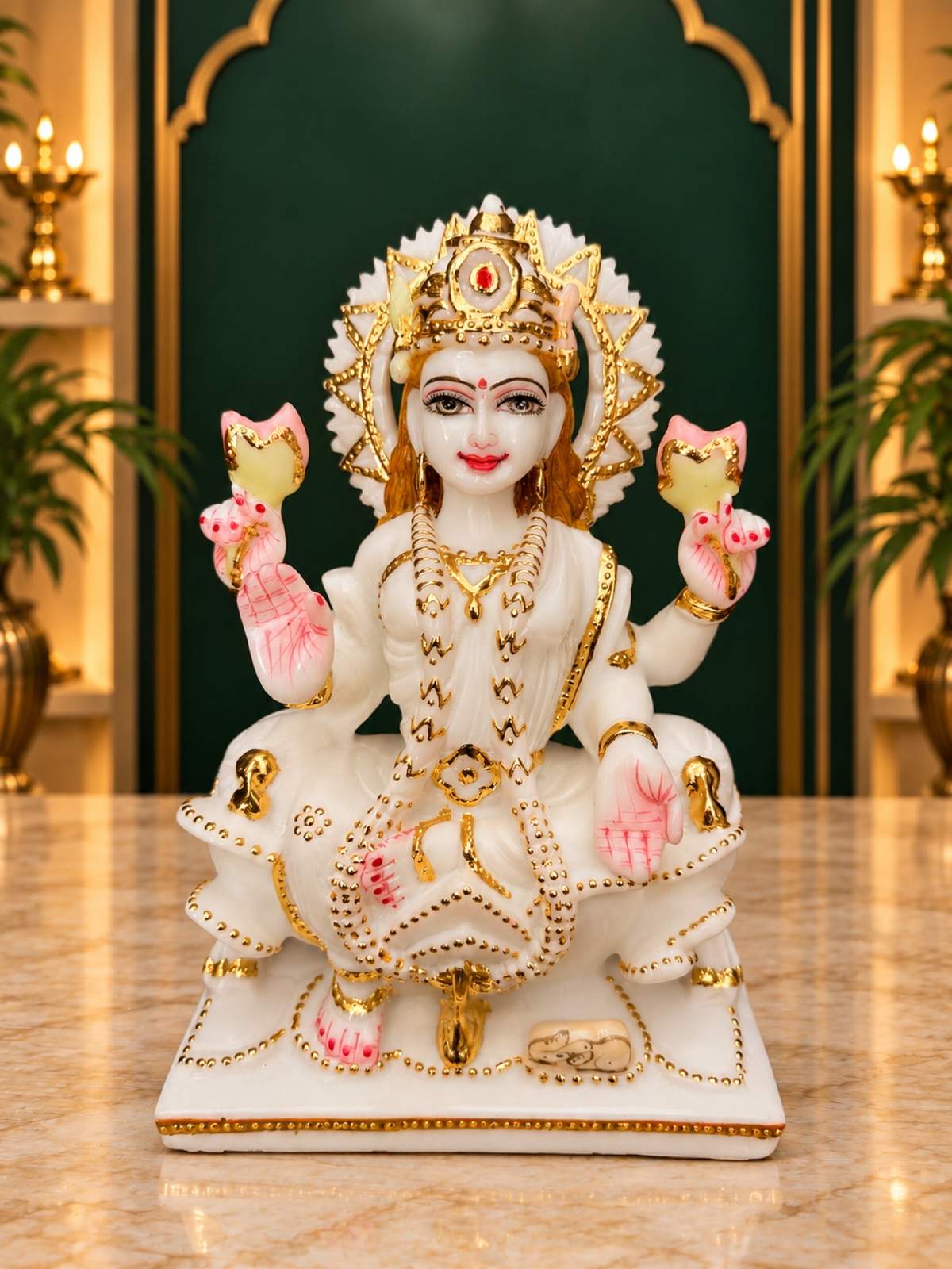 Goddess Lakshmi marble statue 9 inch with cut gold finish, front view