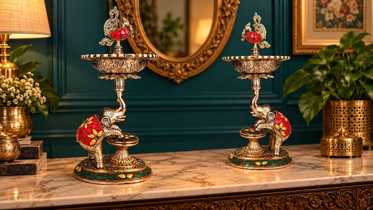 Elephant samai lamp pair viewed from the left angle on a marble console