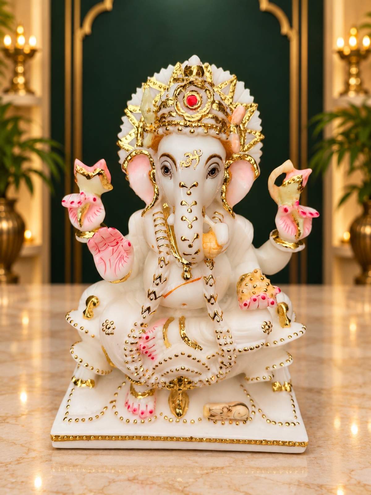 Lord Ganesha marble statue 9 inch with cut gold finish, front view