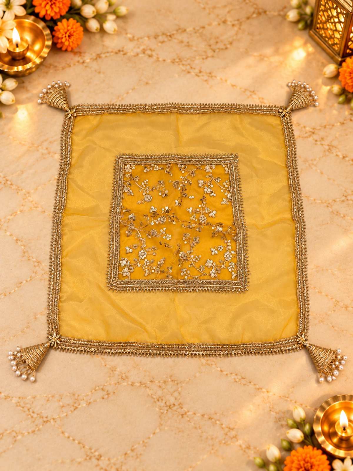 Karwa Chauth Thali Set 6-Piece — Mustard Yellow Brocade Pooja Thali with Chhalni, Lota, Dibbi, Thal Cover & Potli