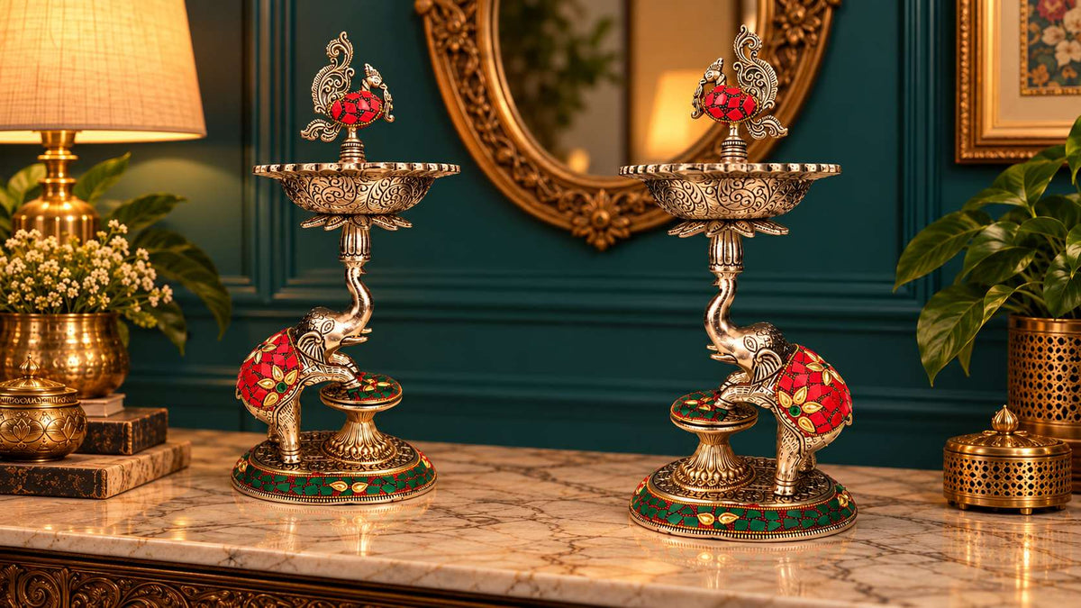 Elephant samai lamp pair viewed from the right angle on a marble console