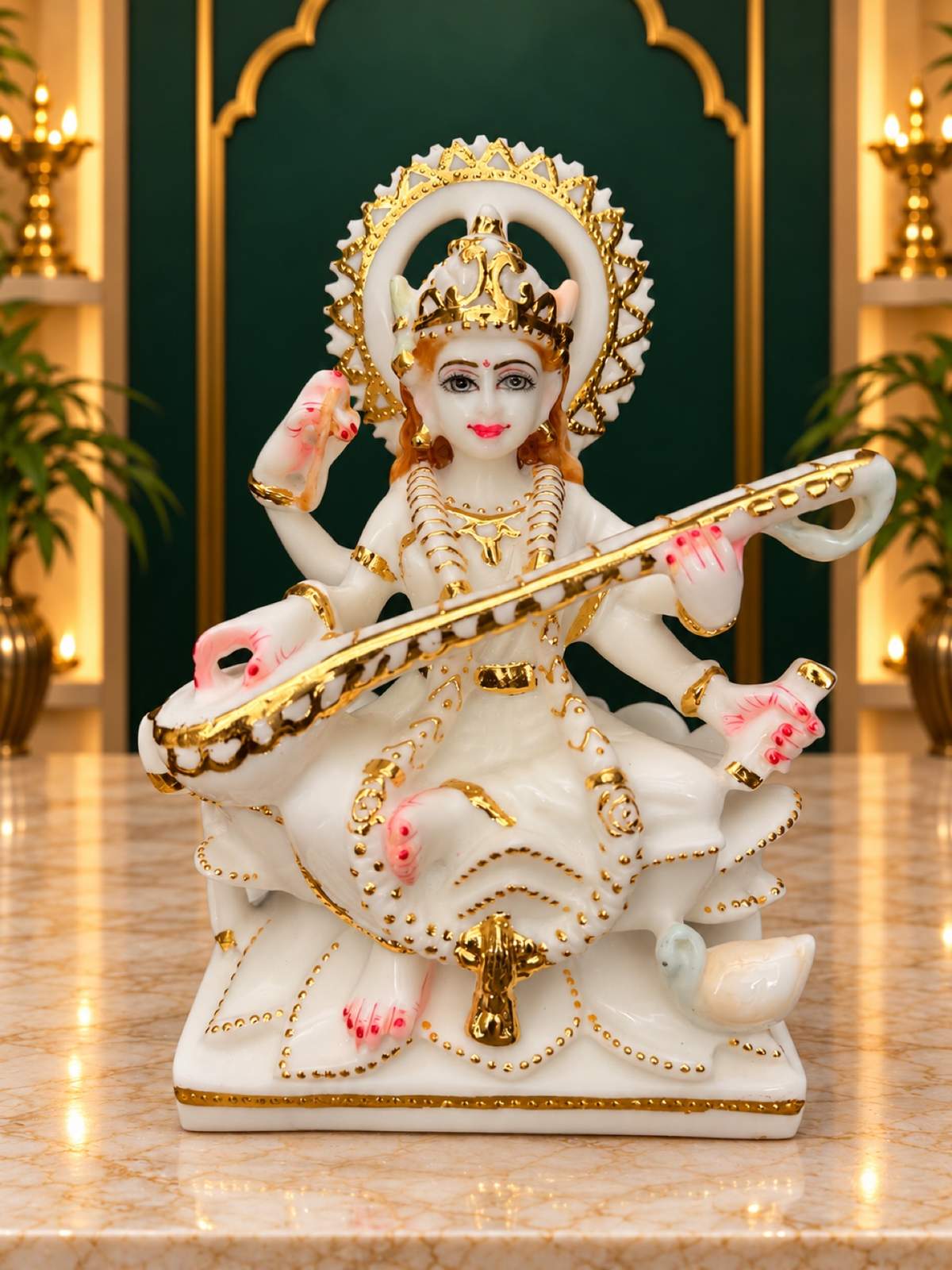 Goddess Saraswati marble statue 9 inch with veena and cut gold finish, front view