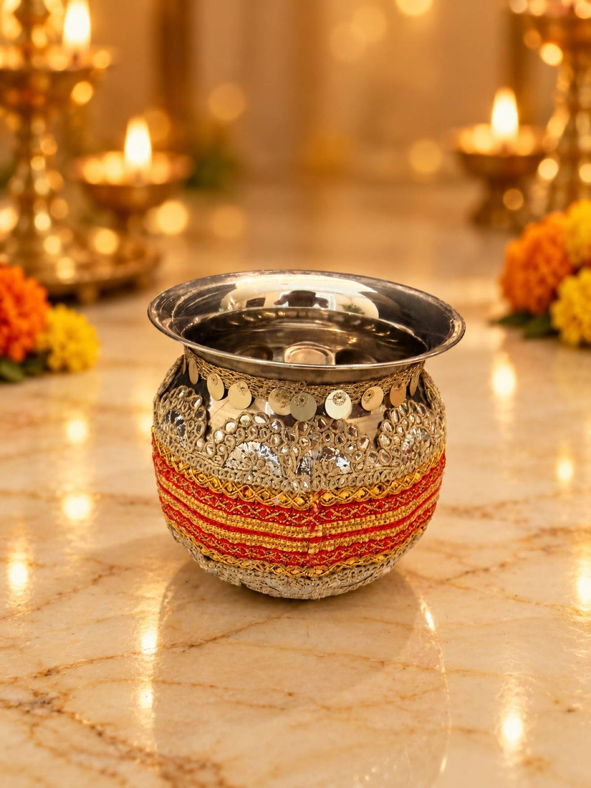 Karwa Chauth Thali Set 5-Piece — Red Velvet Pooja Thali with Chhalni, Lota, Potli & Round Thal Cover