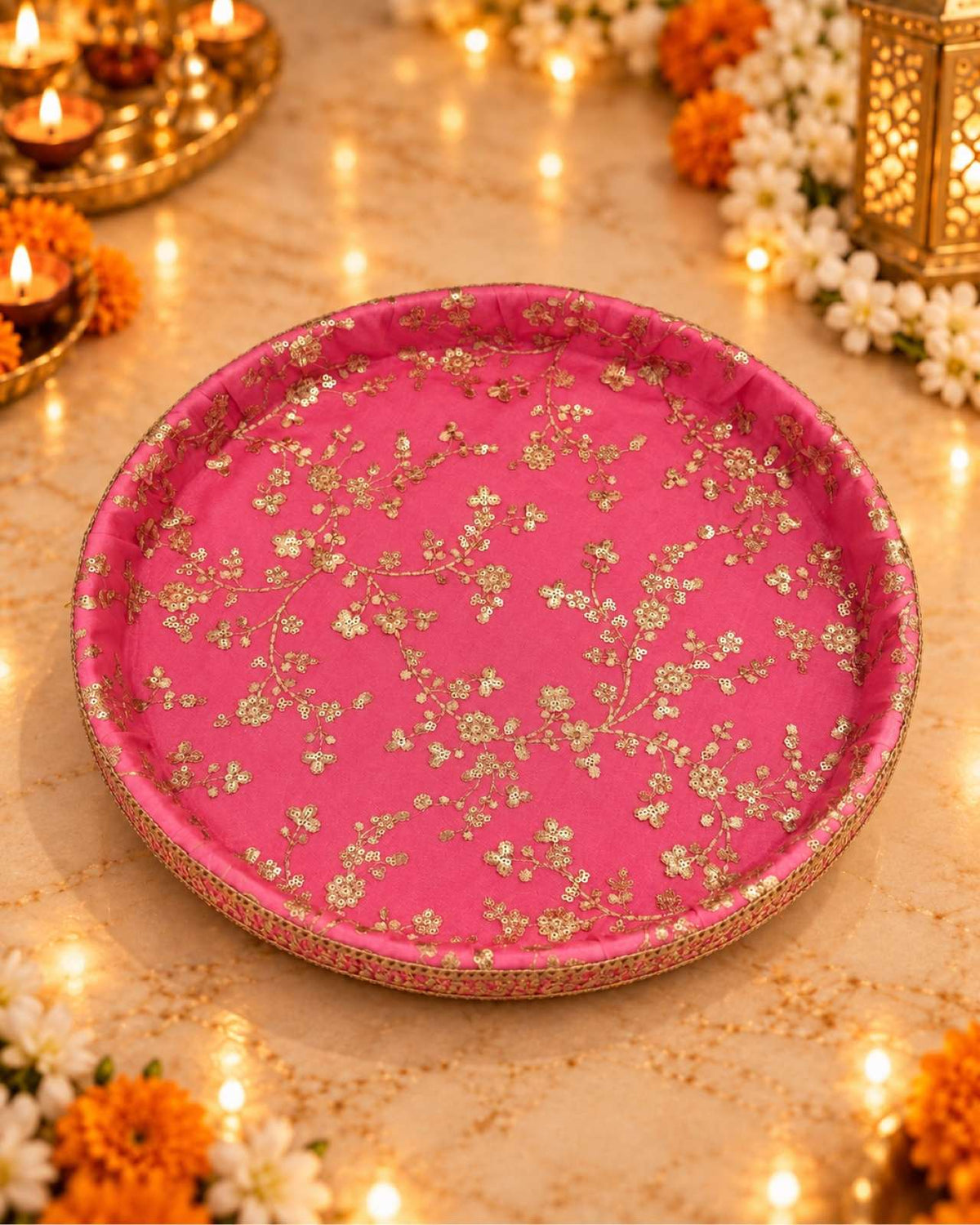 Karva Chauth Thali Set 6-Piece — Pink Brocade Pooja Thali with Chhalni, Lota, Dibbi, Thal Cover & Potli
