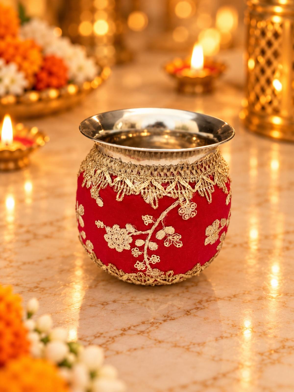 Karva Chauth Thali Set 5-Piece — Red Zari Brocade Pooja Thali with Chhalni, Lota, Thal Cover & Potli