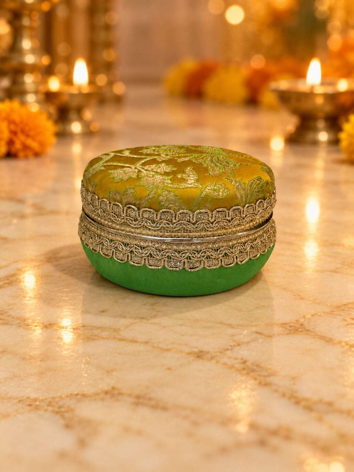 Karwa Chauth Thali Set 6-Piece — Yellow Green Brocade Pooja Thali with Chhalni, Lota, Dibbi, Potli & Thal Cover