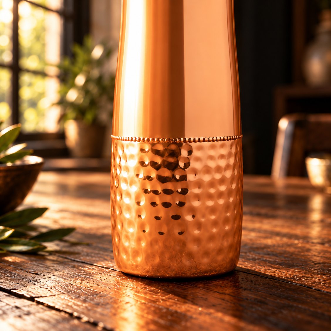 Close-up of the hammered base band and beaded ring of the pure copper bottle