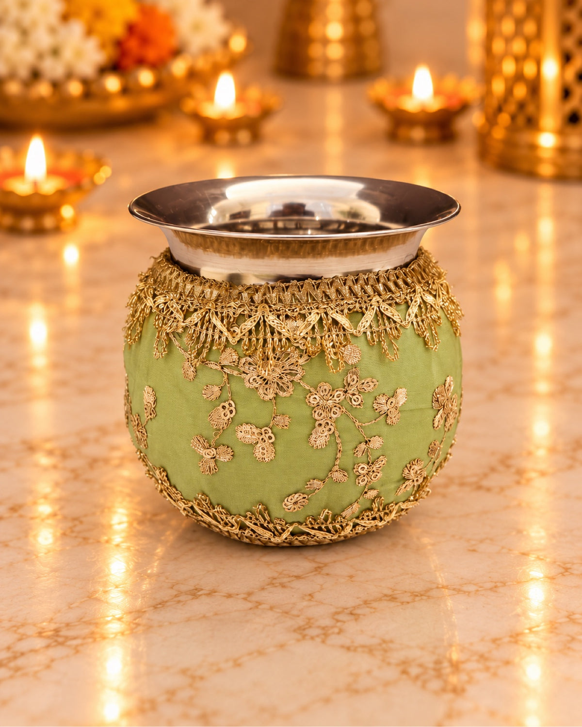 Karwa Chauth Thali Set 6-Piece — Light Green Brocade Pooja Thali with Chhalni, Lota, Dibbi, Thal Cover & Potli