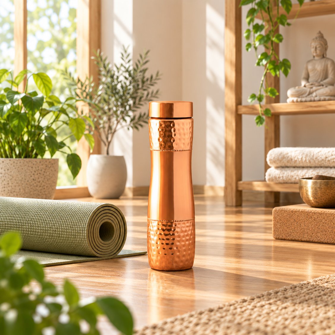 Wide lifestyle view of the copper bottle in a bright wellness studio