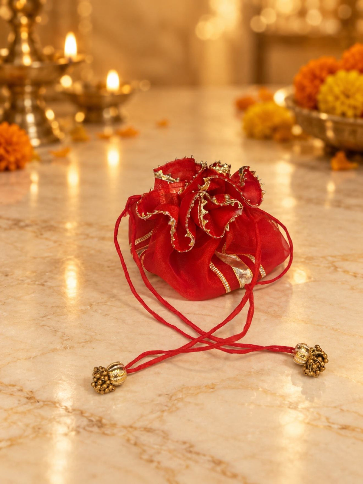 Karwa Chauth Thali Set 5-Piece — Red Velvet Pooja Thali with Chhalni, Lota, Potli & Round Thal Cover