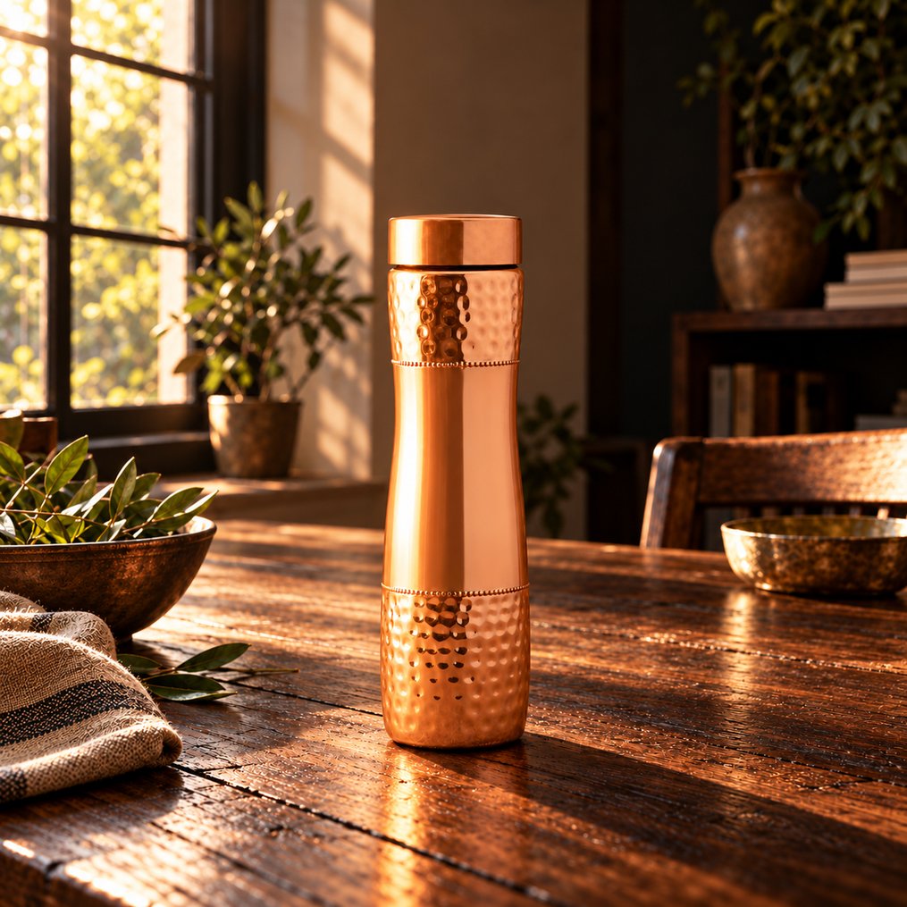 Wide lifestyle view of the copper bottle on a rustic wooden table