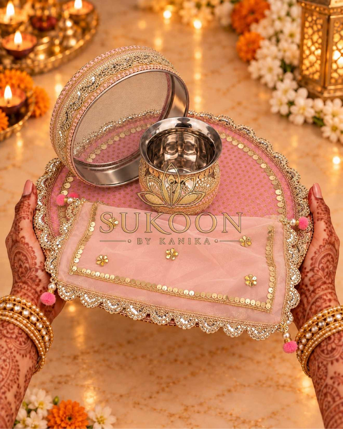 Karwa Chauth Thali Set 4-Piece — Baby Pink Pooja Thali with Chhalni, Lota & Thal Cover