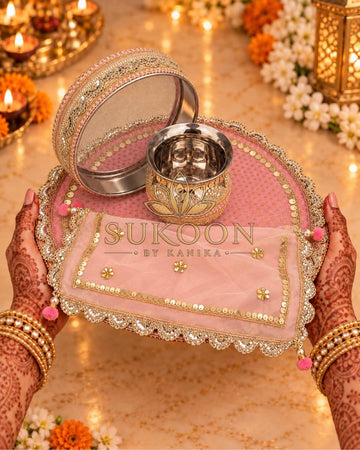 Karwa Chauth Thali Set 4-Piece — Baby Pink Pooja Thali with Chhalni, Lota & Thal Cover