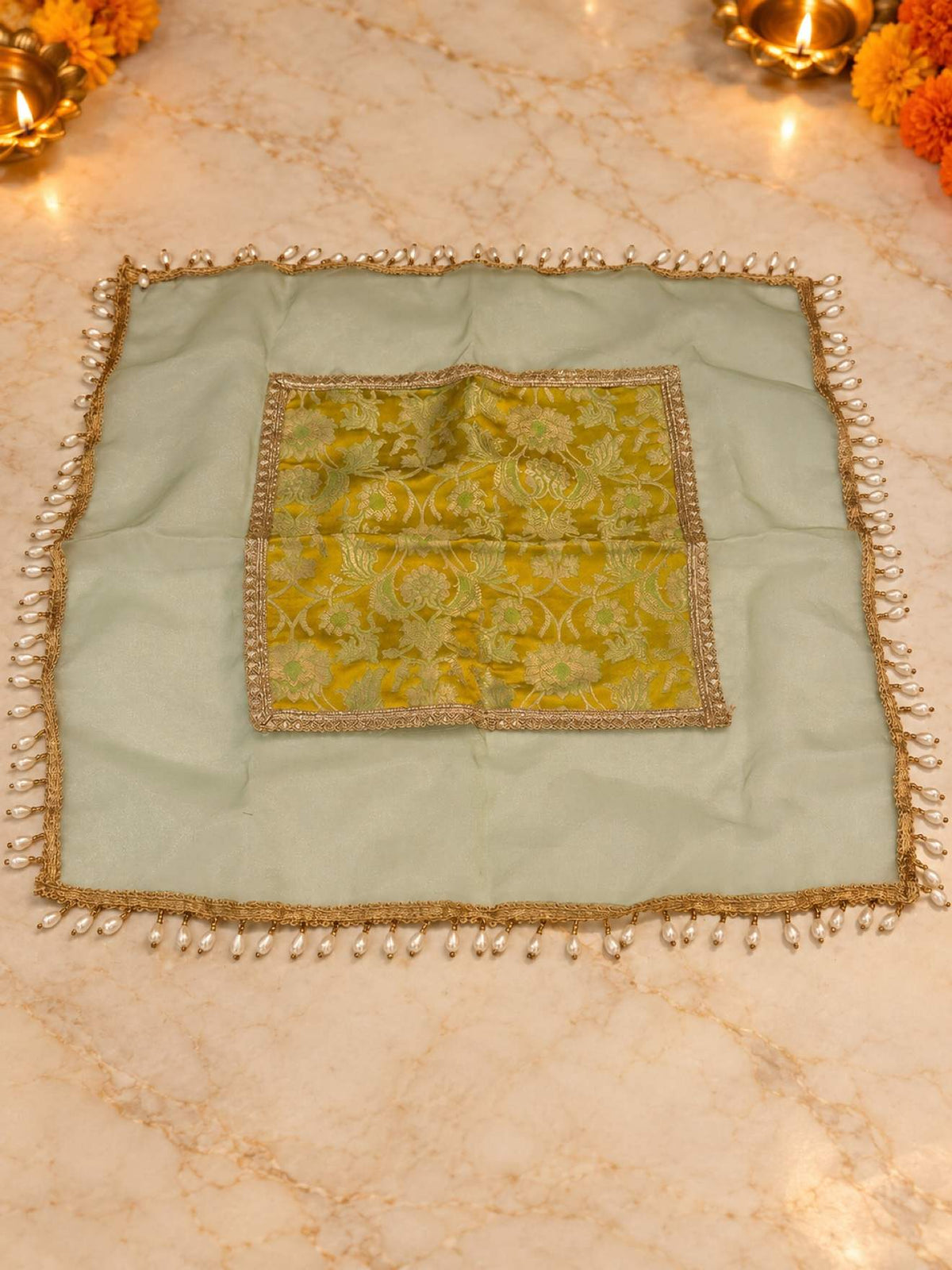 Karwa Chauth Thali Set 6-Piece — Yellow Green Brocade Pooja Thali with Chhalni, Lota, Dibbi, Potli & Thal Cover
