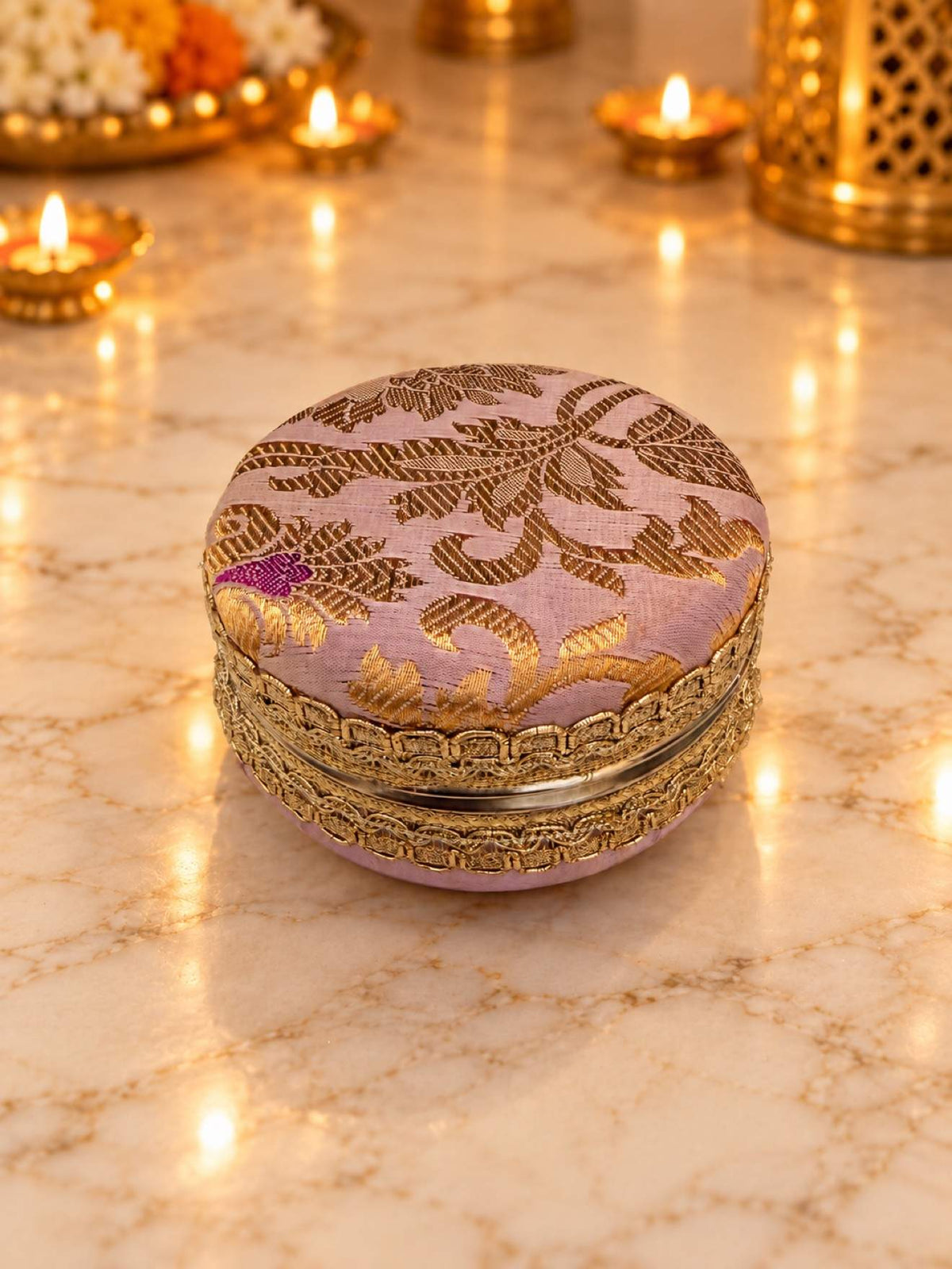 Karwa Chauth Thali Set 6-Piece — Lavender Brocade Pooja Thali with Chhalni, Lota, Dibbi, Thal Cover & Potli