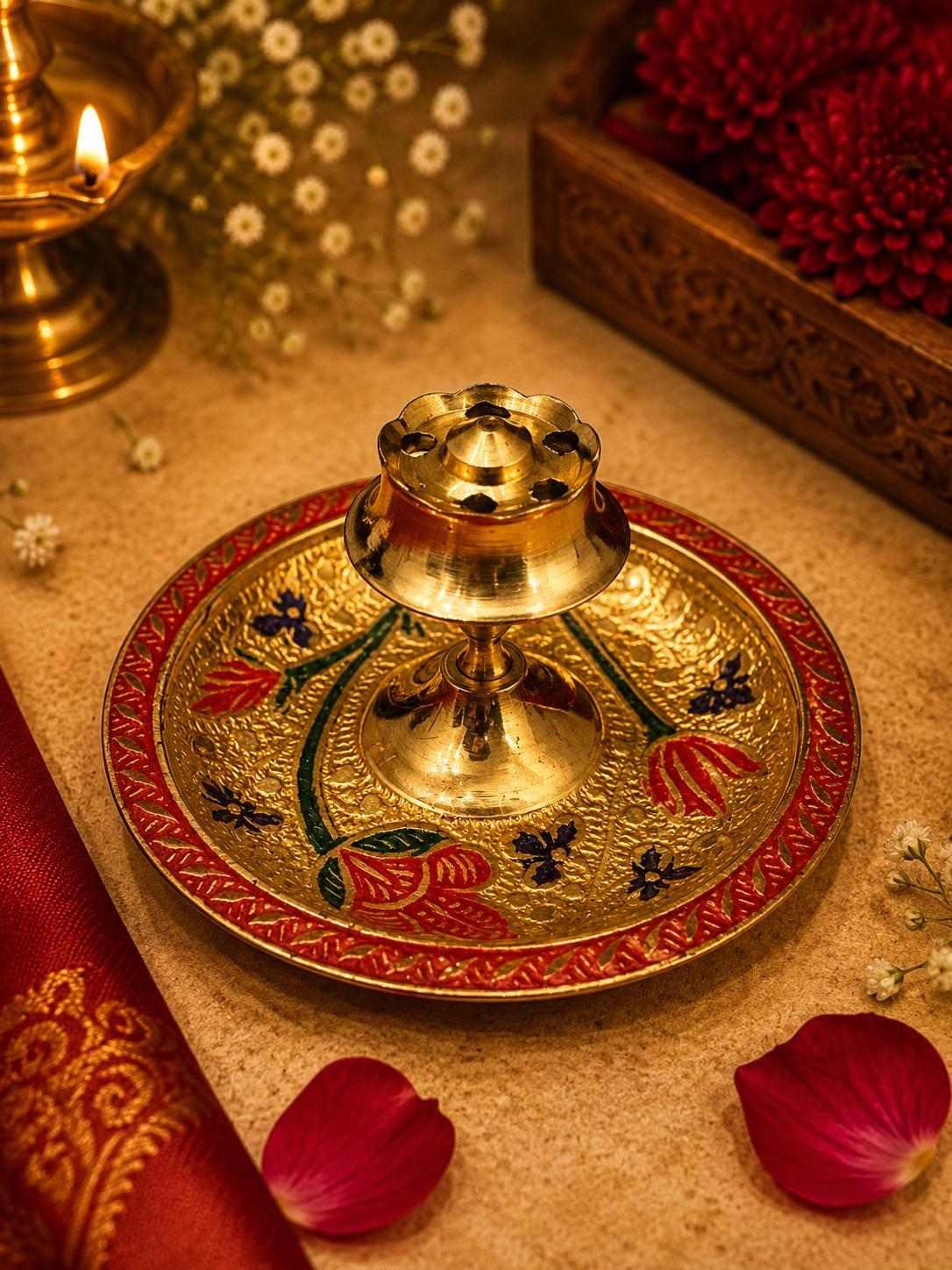 Handcrafted Brass Engraved Pooja Thali Set 7 & 10 Inch | Aarti Puja Plate for Diwali Navratri Karwa Chauth Raksha Bandhan Lakshmi Puja | Home Mandir Decor Gift