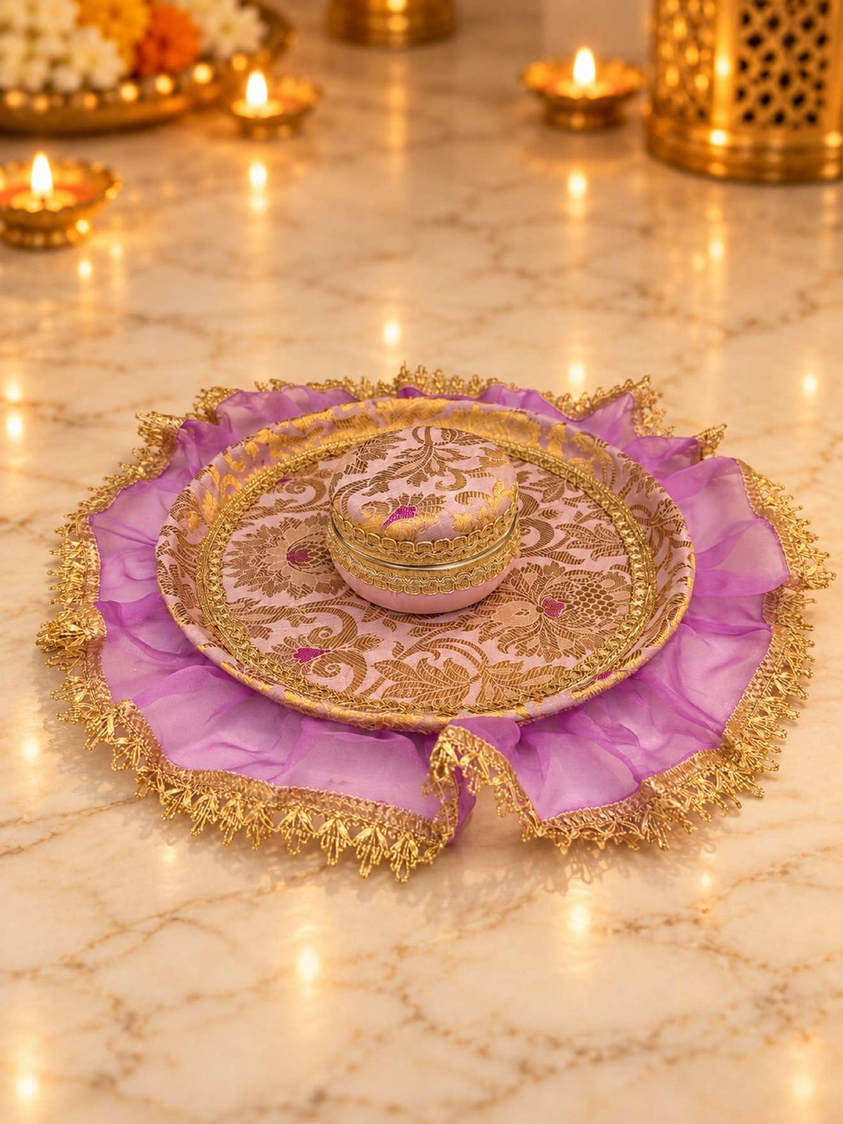 Karwa Chauth Thali Set 6-Piece — Lavender Brocade Pooja Thali with Chhalni, Lota, Dibbi, Thal Cover & Potli
