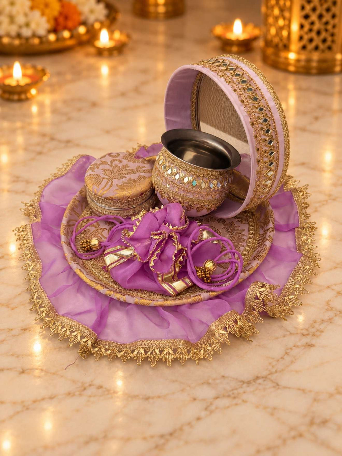 Karwa Chauth Thali Set 6-Piece — Lavender Brocade Pooja Thali with Chhalni, Lota, Dibbi, Thal Cover & Potli
