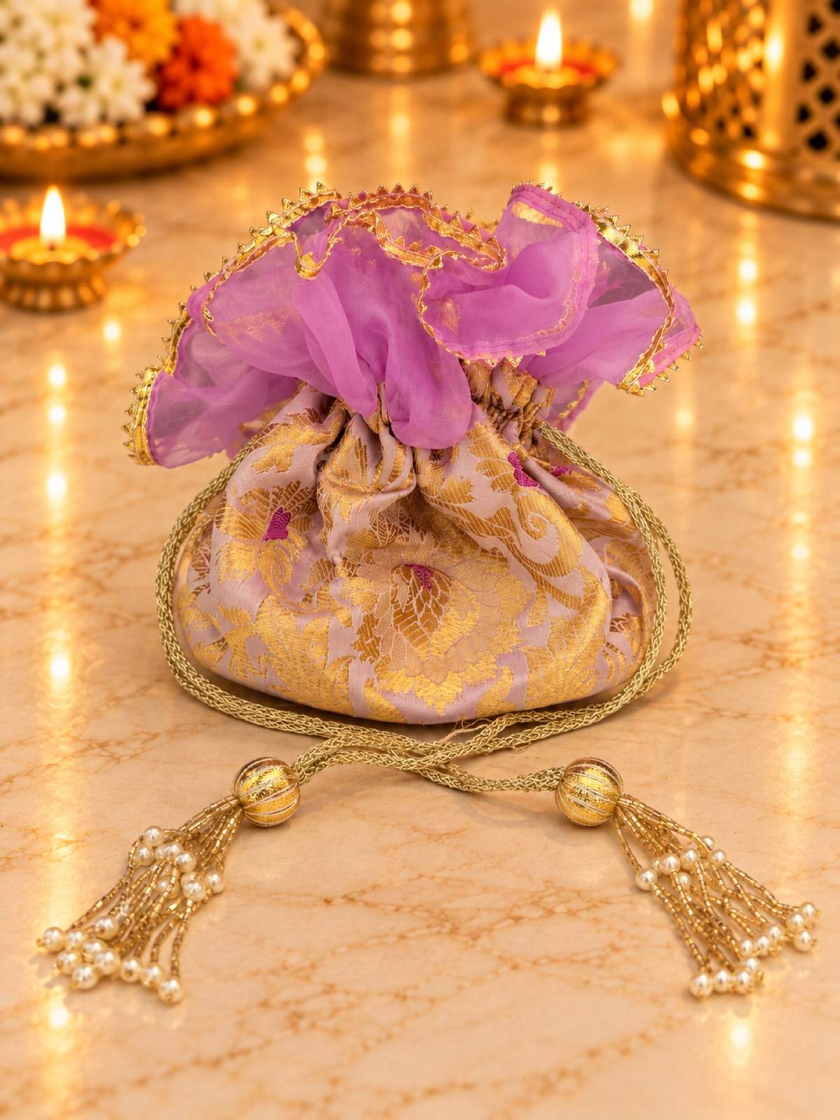 Karva Chauth Thali Set 5-Piece — Purple Brocade Pooja Thali with Chhalni, Lota, Thal Cover & Potli