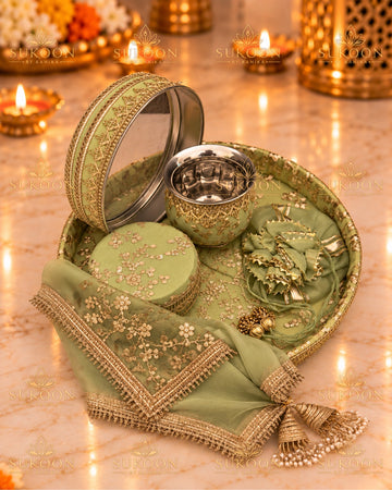 Karwa Chauth Thali Set 6-Piece — Light Green Brocade Pooja Thali with Chhalni, Lota, Dibbi, Thal Cover & Potli