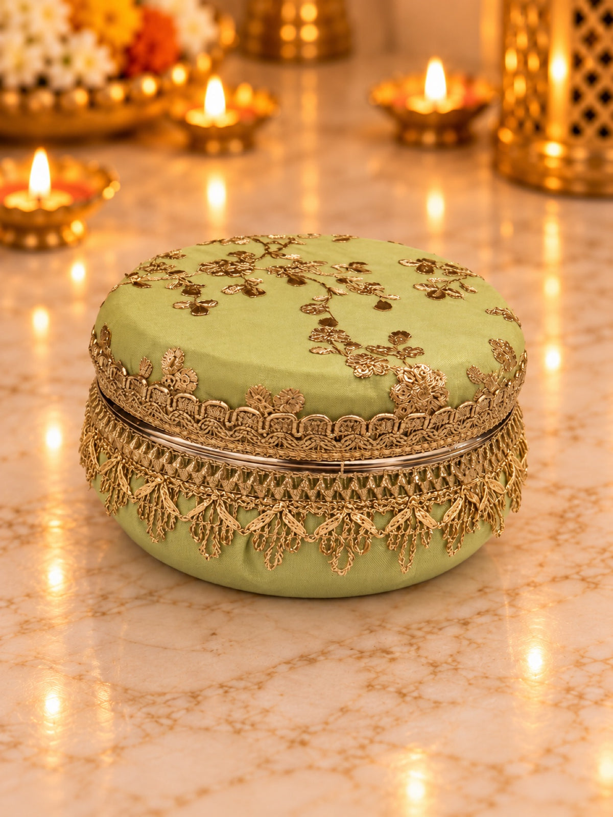 Karwa Chauth Thali Set 6-Piece — Light Green Brocade Pooja Thali with Chhalni, Lota, Dibbi, Thal Cover & Potli