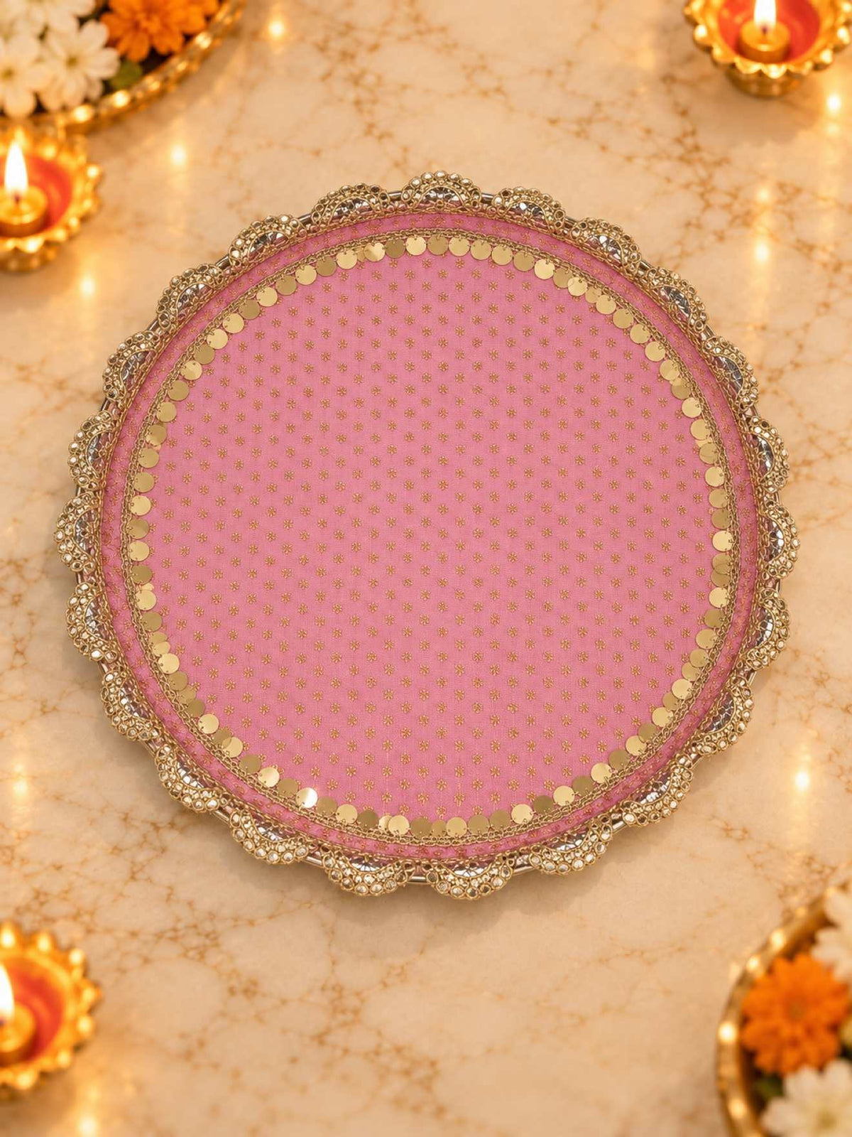 Karwa Chauth Thali Set 4-Piece — Baby Pink Pooja Thali with Chhalni, Lota & Thal Cover