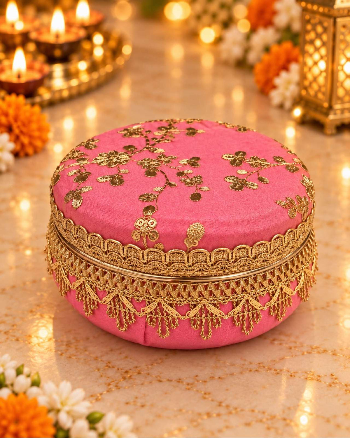 Karva Chauth Thali Set 6-Piece — Pink Brocade Pooja Thali with Chhalni, Lota, Dibbi, Thal Cover & Potli