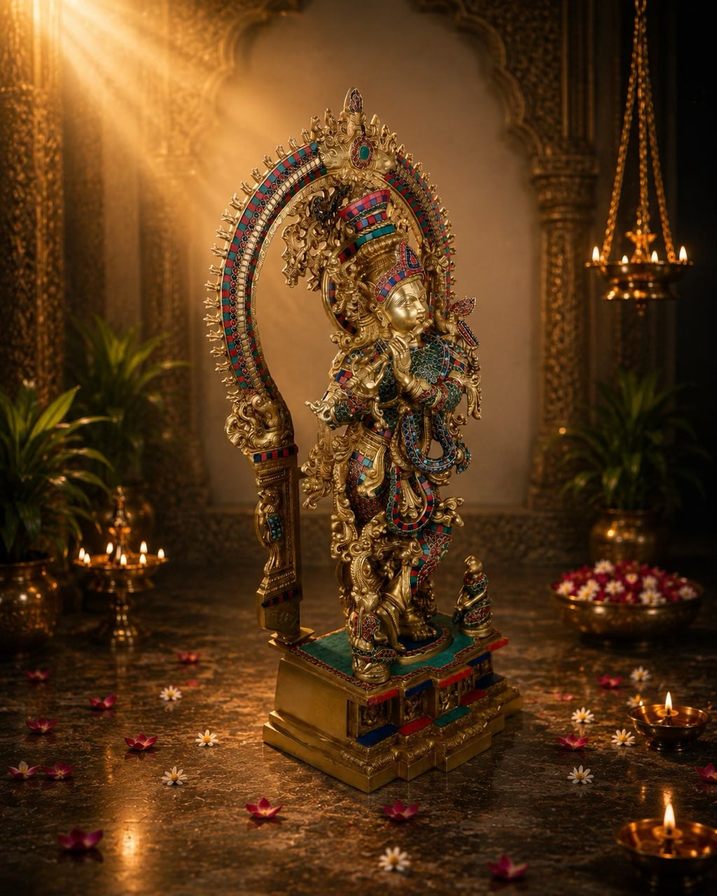 Brass Krishna Statue 32” Premium with Stone Inlay | Janmashtami Temple Murti