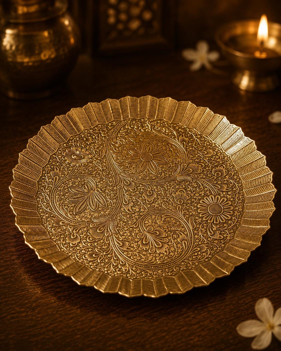 Brass Engraved Pooja Thali 10 Inch, Handcrafted Rudraksha Aarti Puja Plate for Diwali & Na