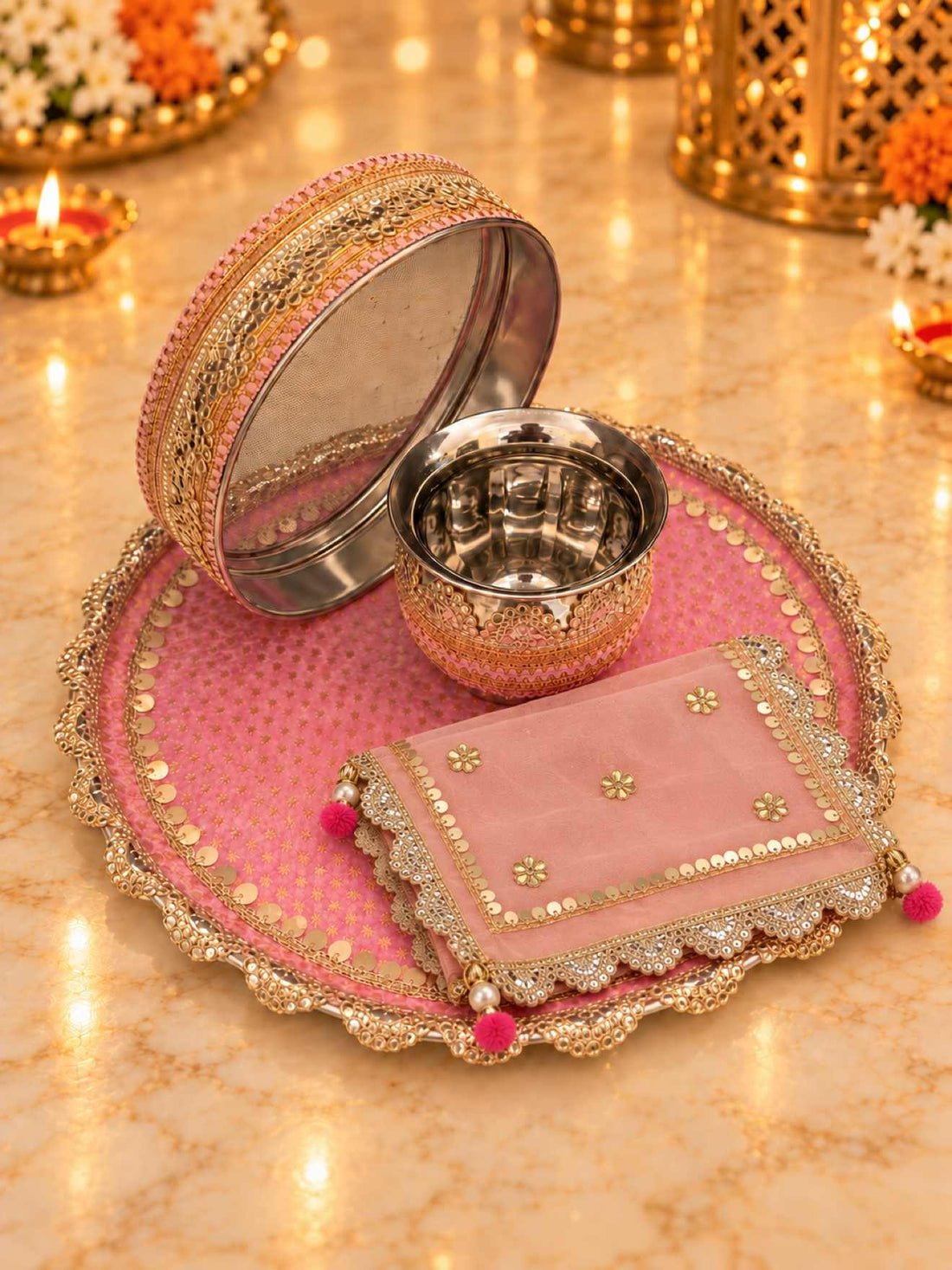 Karwa Chauth Thali Set 4-Piece — Baby Pink Pooja Thali with Chhalni, Lota & Thal Cover