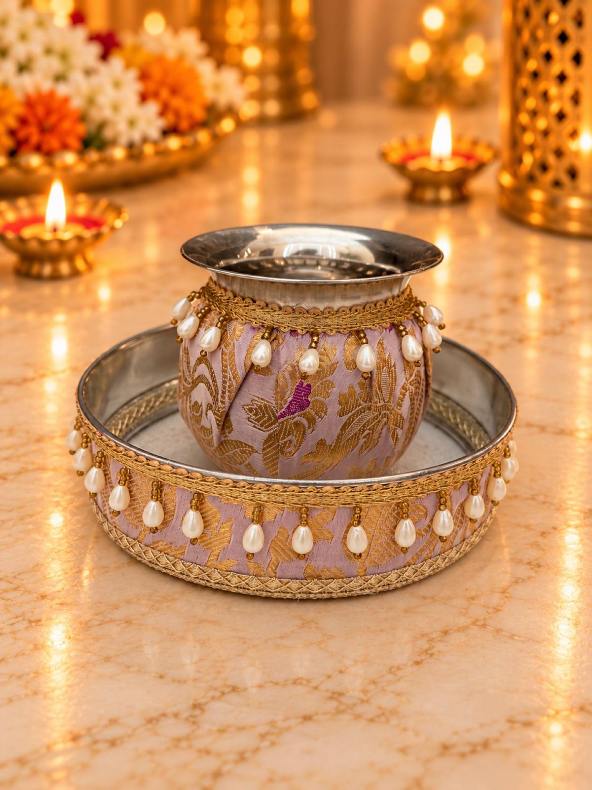 Karva Chauth Thali Set 5-Piece — Purple Brocade Pooja Thali with Chhalni, Lota, Thal Cover & Potli