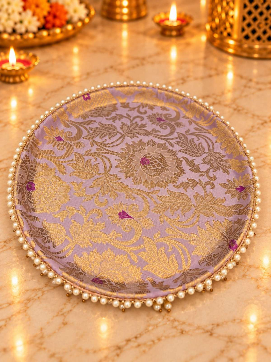Karva Chauth Thali Set 5-Piece — Purple Brocade Pooja Thali with Chhalni, Lota, Thal Cover & Potli