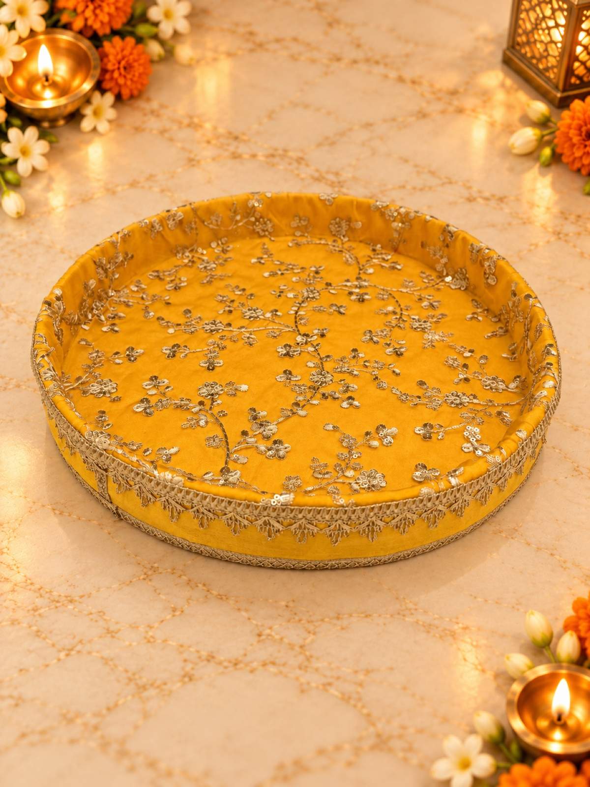 Karwa Chauth Thali Set 6-Piece — Mustard Yellow Brocade Pooja Thali with Chhalni, Lota, Dibbi, Thal Cover & Potli