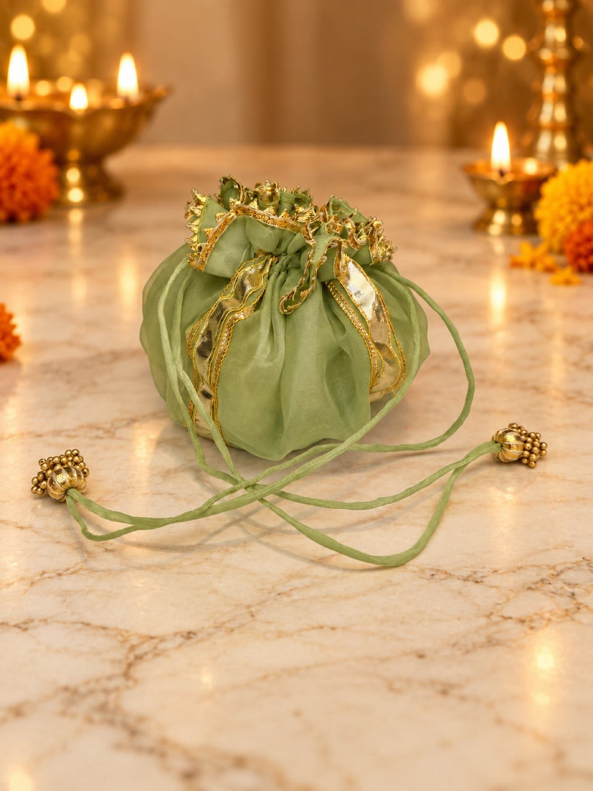 Karwa Chauth Thali Set 6-Piece — Yellow Green Brocade Pooja Thali with Chhalni, Lota, Dibbi, Potli & Thal Cover