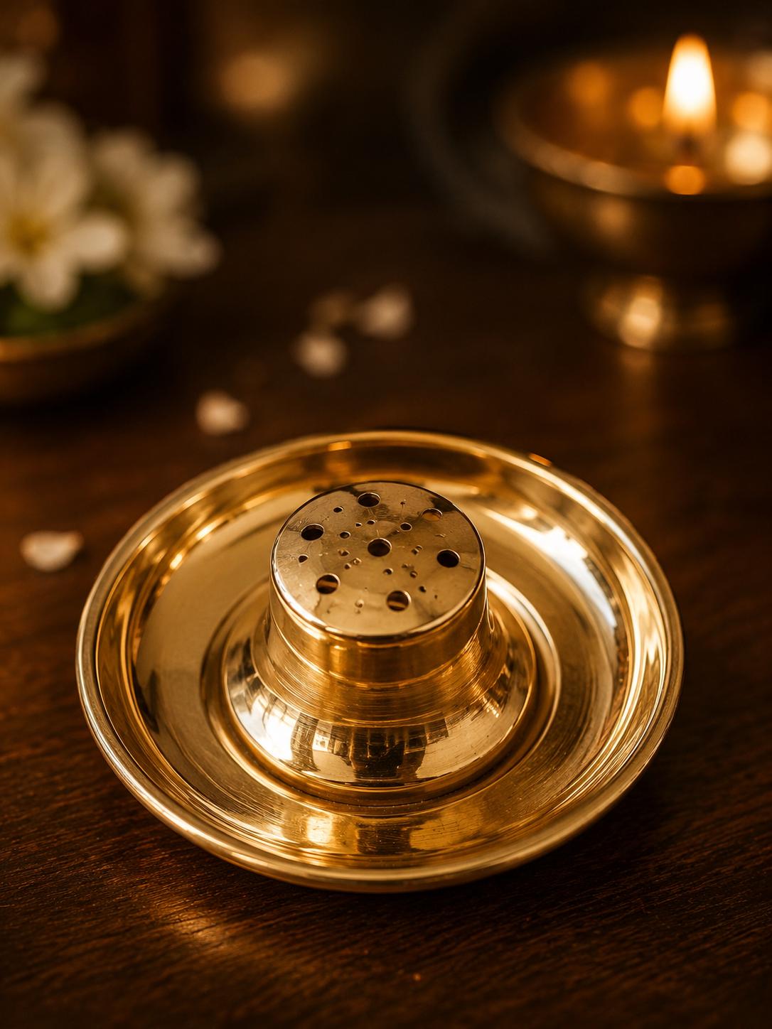 Brass Engraved Pooja Thali 10 Inch, Handcrafted Rudraksha Aarti Puja Plate for Diwali & Na
