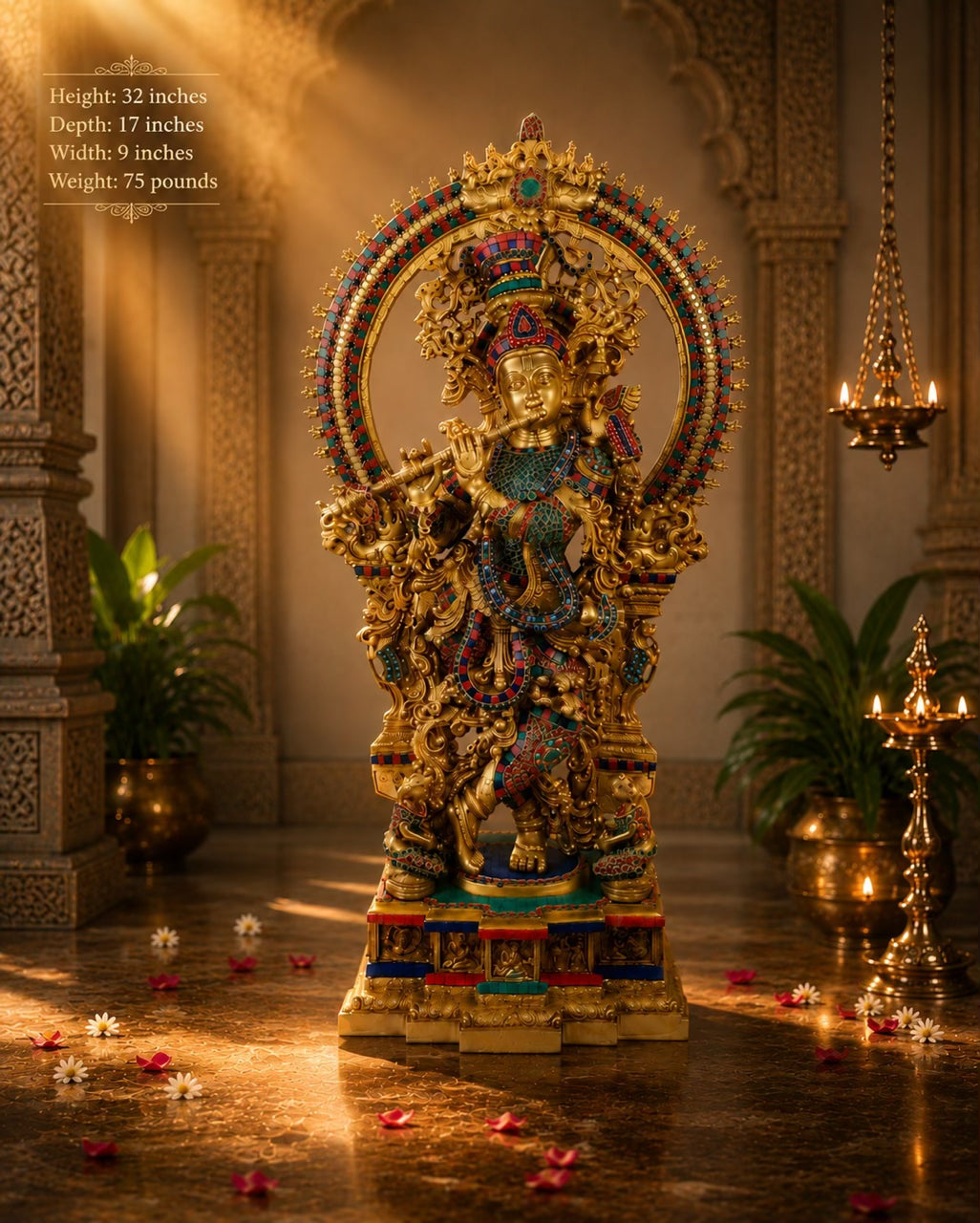 Brass Krishna Statue 32” Premium with Stone Inlay | Janmashtami Temple Murti