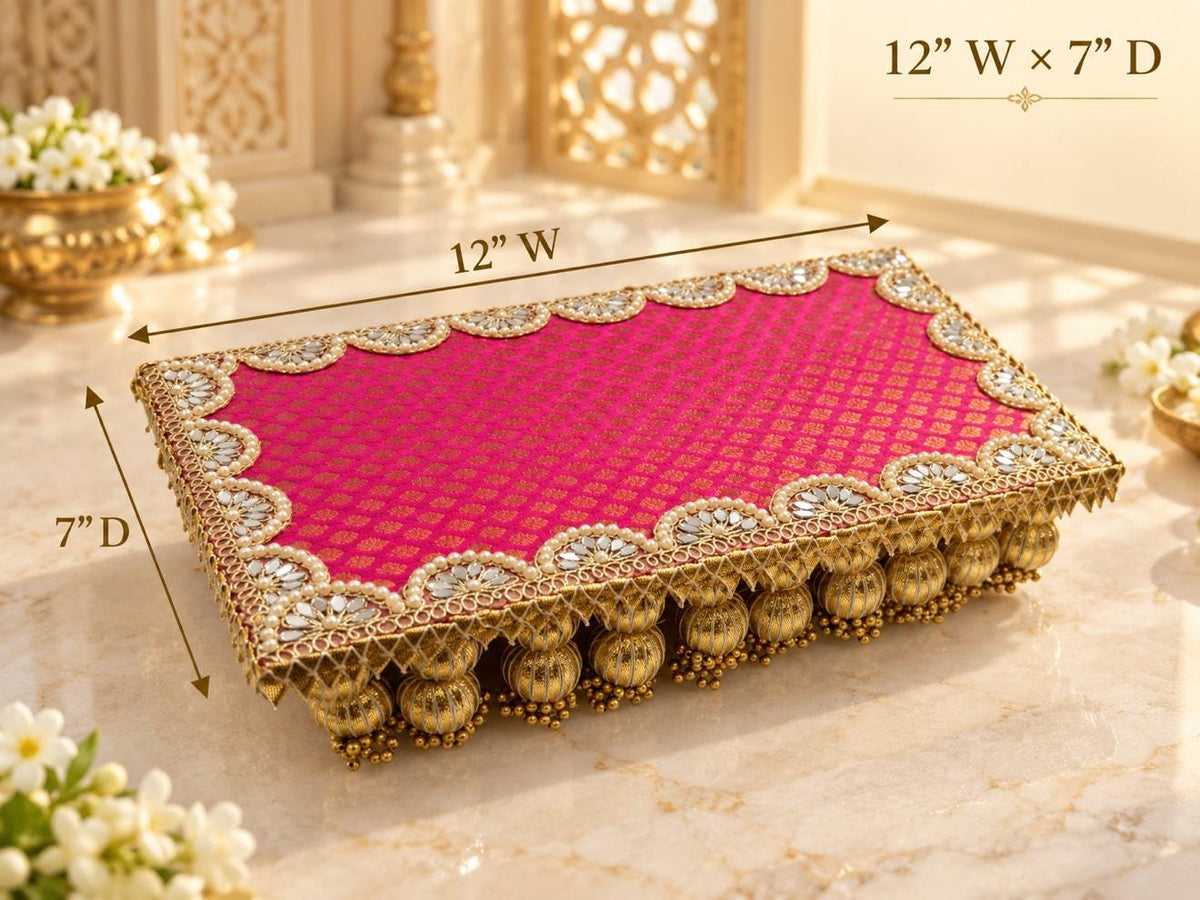 Pure Banarasi Pooja Aasan with Zari Work, Decorative Chowki for God Idol, Mandir Decor for