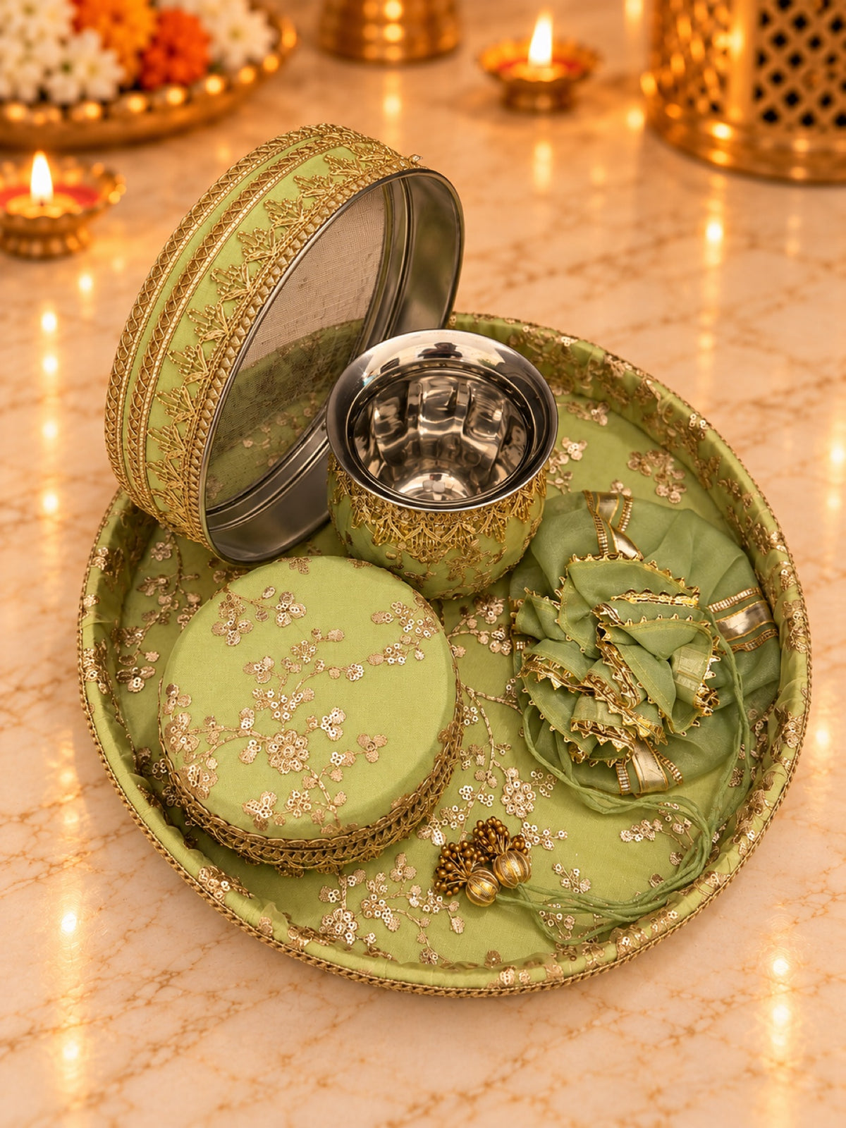 Karwa Chauth Thali Set 6-Piece — Light Green Brocade Pooja Thali with Chhalni, Lota, Dibbi, Thal Cover & Potli