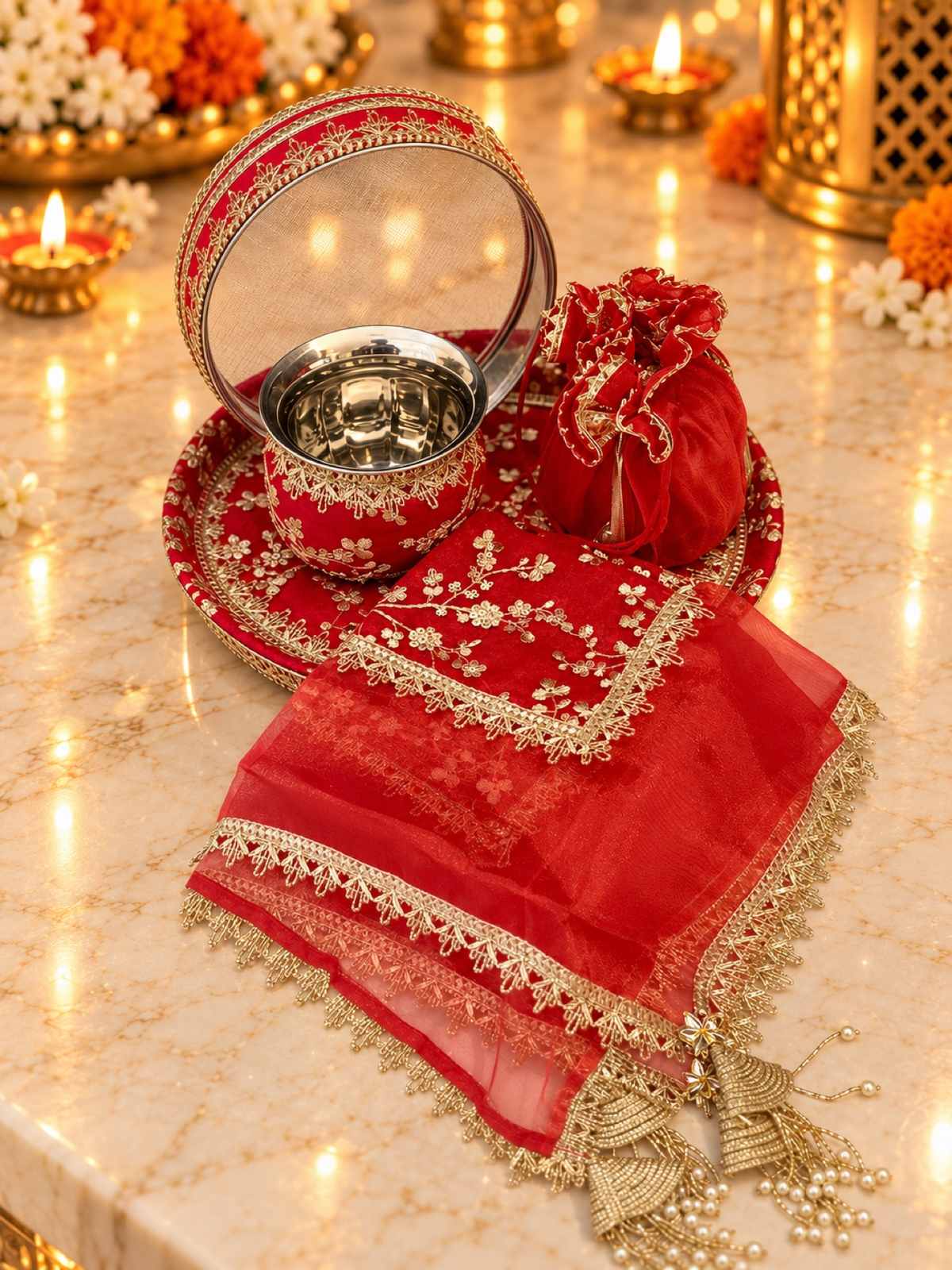 Karva Chauth Thali Set 5-Piece — Red Zari Brocade Pooja Thali with Chhalni, Lota, Thal Cover & Potli