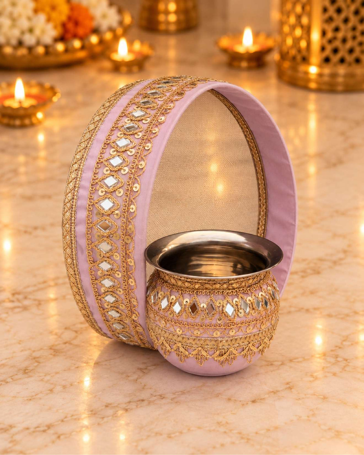 Karwa Chauth Thali Set 6-Piece — Lavender Brocade Pooja Thali with Chhalni, Lota, Dibbi, Thal Cover & Potli