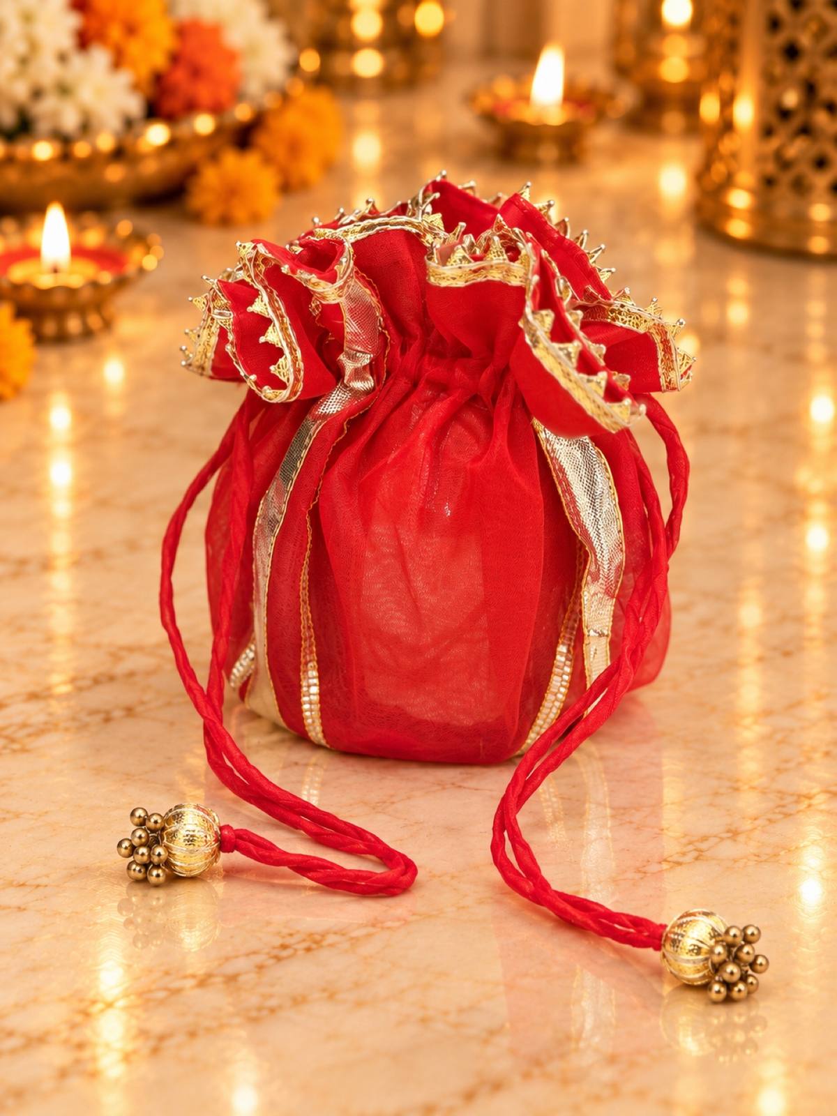 Karva Chauth Thali Set 5-Piece — Red Zari Brocade Pooja Thali with Chhalni, Lota, Thal Cover & Potli
