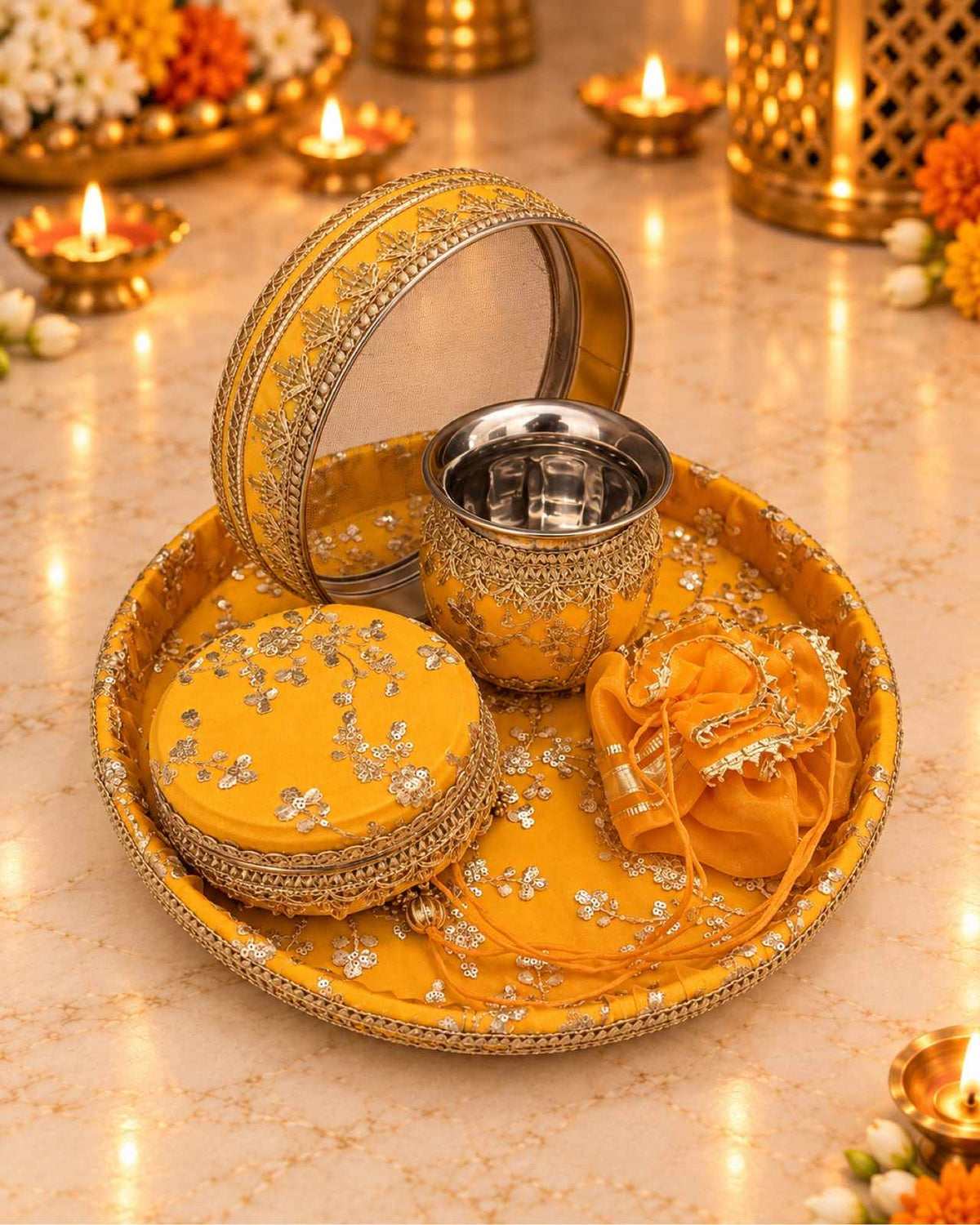 Karwa Chauth Thali Set 6-Piece — Mustard Yellow Brocade Pooja Thali with Chhalni, Lota, Dibbi, Thal Cover & Potli