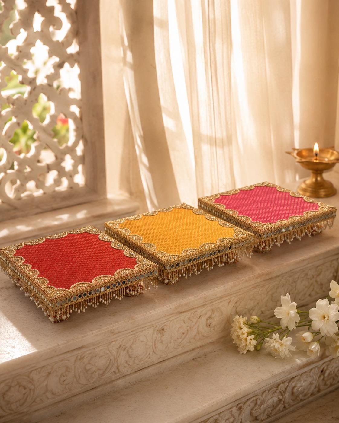 Pure Banarasi Pooja Aasan with Zari Work, Decorative Chowki for God Idol, Mandir Decor for