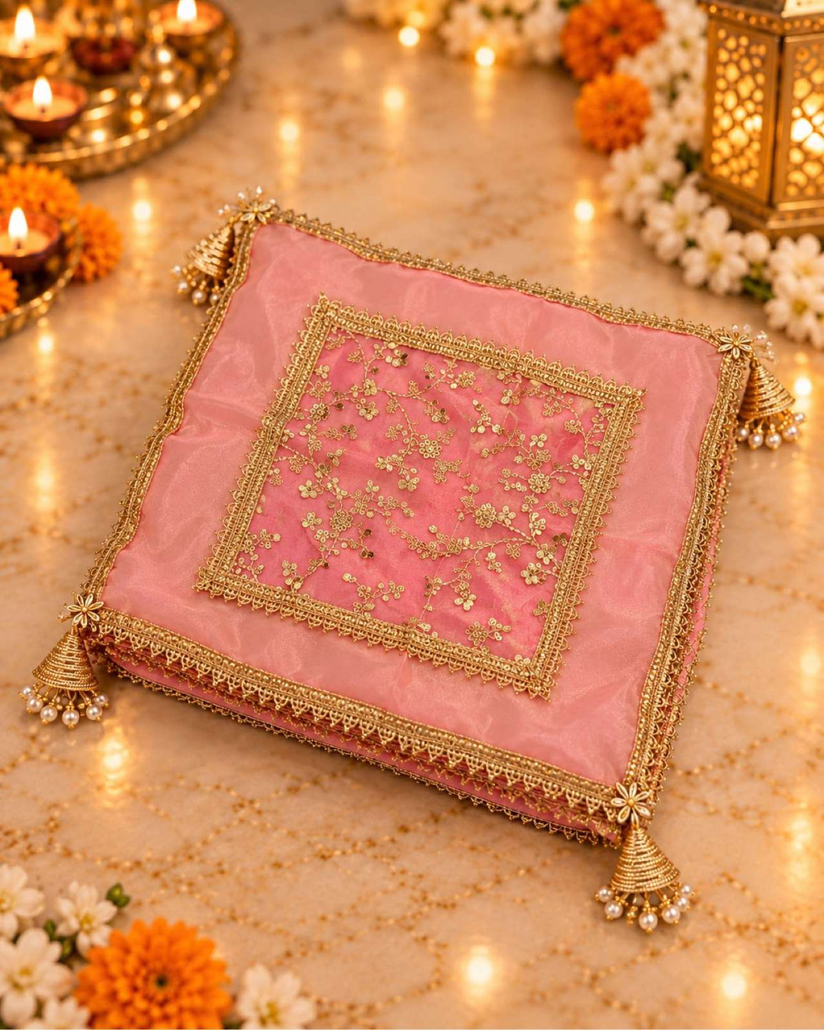 Karva Chauth Thali Set 6-Piece — Pink Brocade Pooja Thali with Chhalni, Lota, Dibbi, Thal Cover & Potli