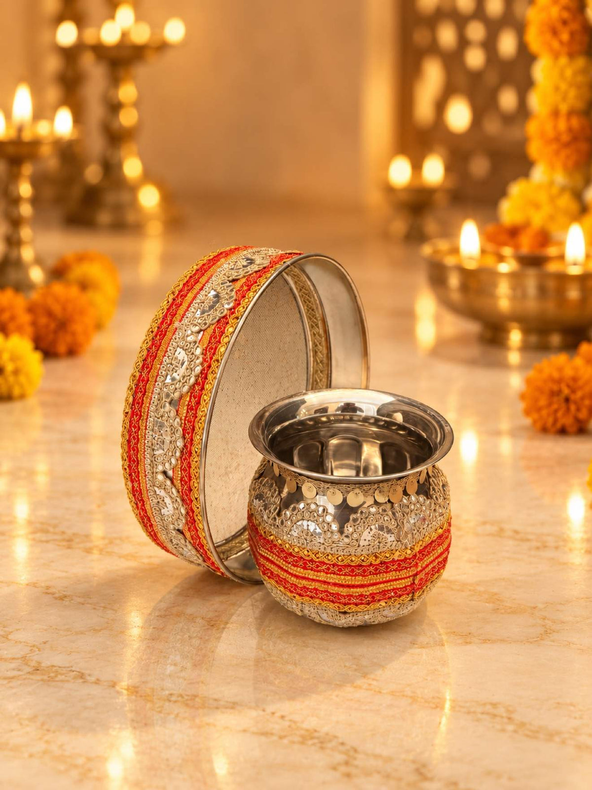 Karwa Chauth Thali Set 5-Piece — Red Velvet Pooja Thali with Chhalni, Lota, Potli & Round Thal Cover